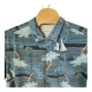 Tommy Bahama 100% Silk Shirt Mens 2XL XXL Blue Tropical Palm Tree Boats